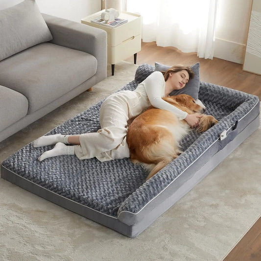 Orthopedic L-Shaped Dog Bed for Large Dogs - Waterproof Sofa with Velvet Top, Pressure Relief Orthopedic Foam, Joint Support, Removable Washable Cover, Self-Warming Soft Surface, Non-Slip Bottom