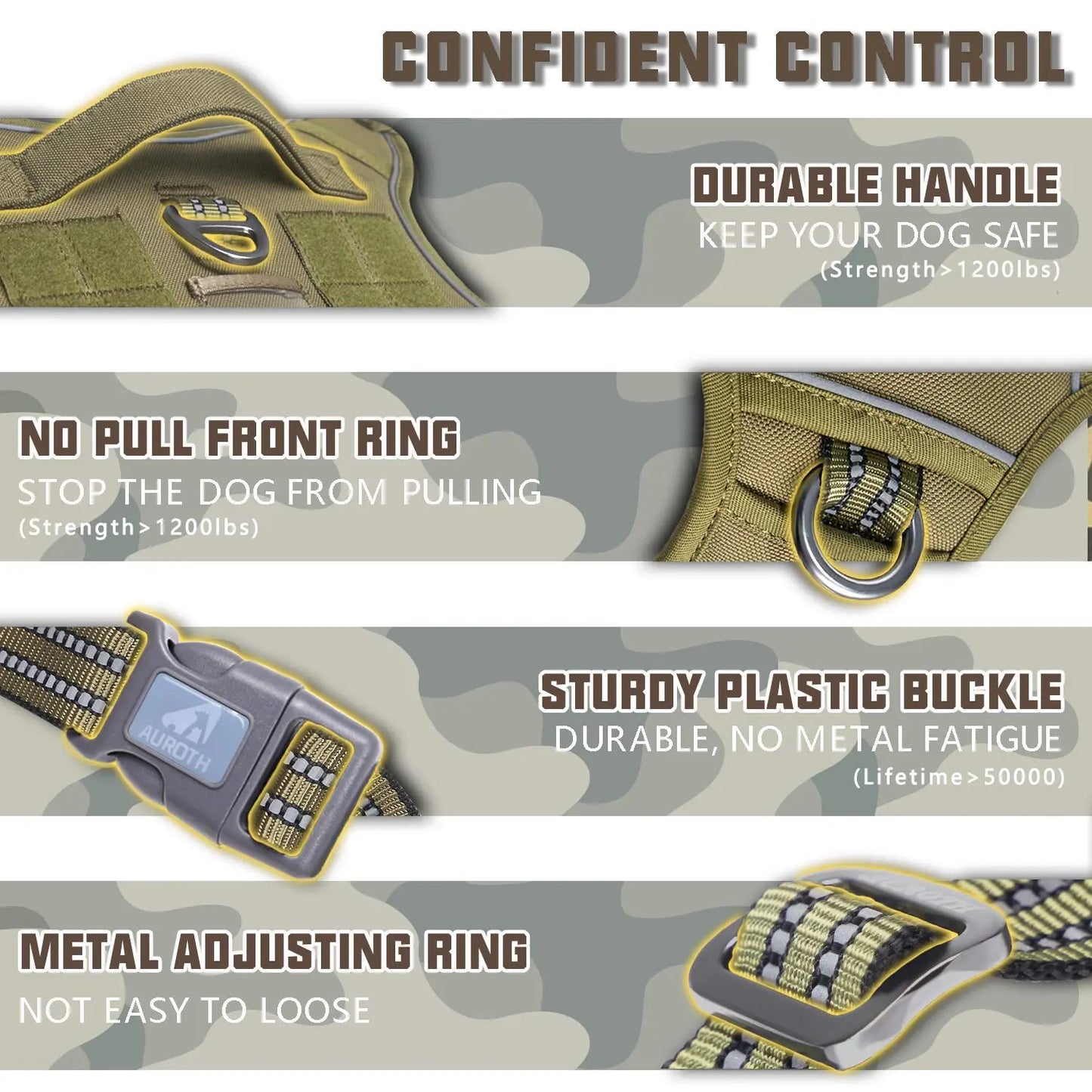 Auroth Tactical Dog Harness with 6 FT Tan Heavy Duty Dog Leash for Smallto Large Breed Dogs, No Pulling Reflective Dog Training Vest Camo
